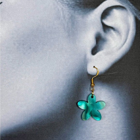 Floral Teal and Gold Earrings - Picture 2 of 3